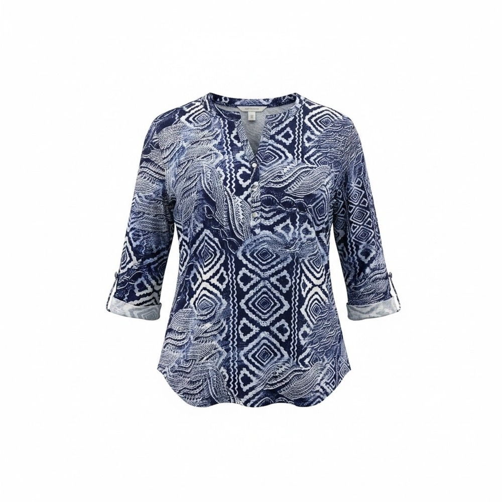 Cocomo Woman Blue White Geometric Batik Print Roll Tab Sleeve Tunic Top 2X